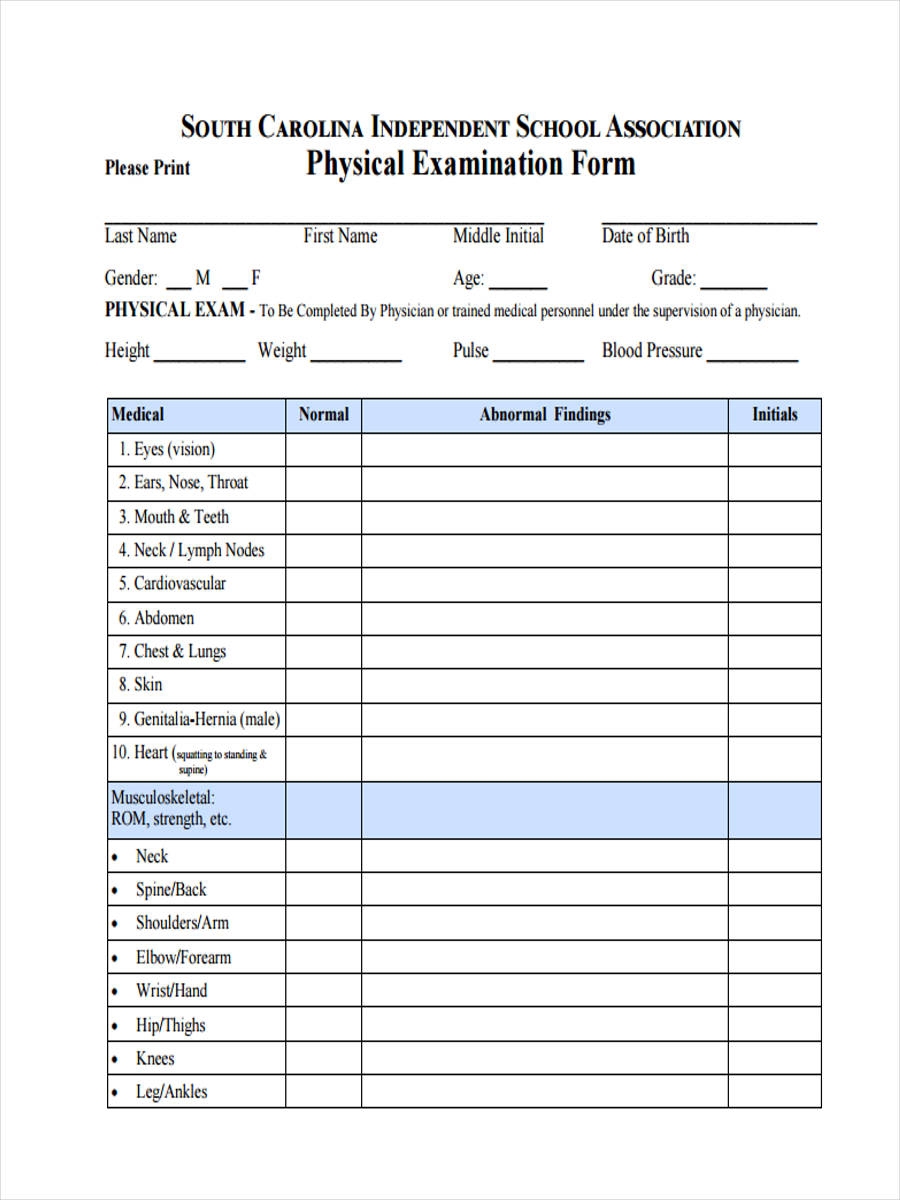 Printable Basic Physical Exam Form Pdf
