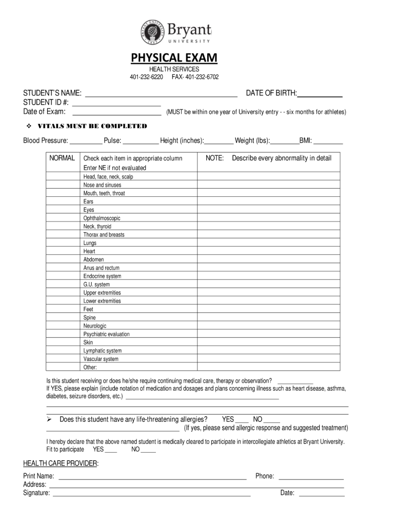 Printable Basic Physical Exam Form Printable Forms Free Online