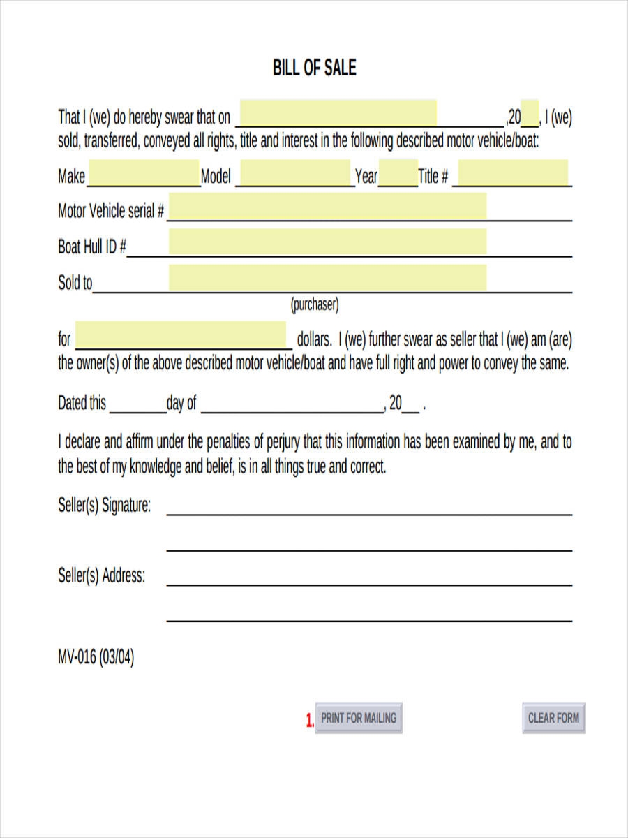 Printable Bill Of Sale Simple Form Printable Forms Free Online