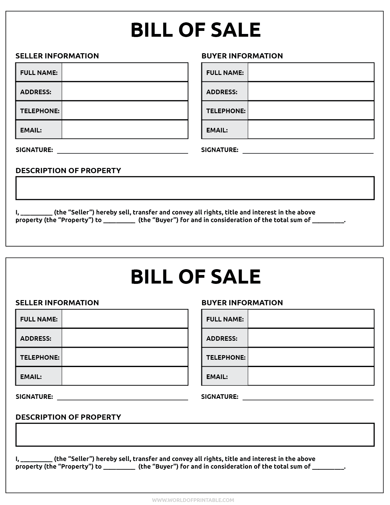 Printable Bill Of Sale World Of Printables
