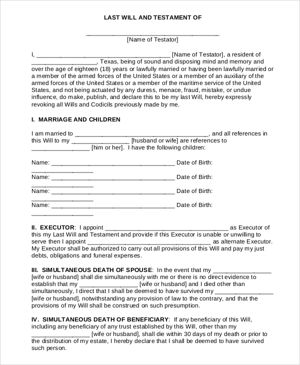 Printable Blank Last Will And Testament Forms Printable Forms Free Online