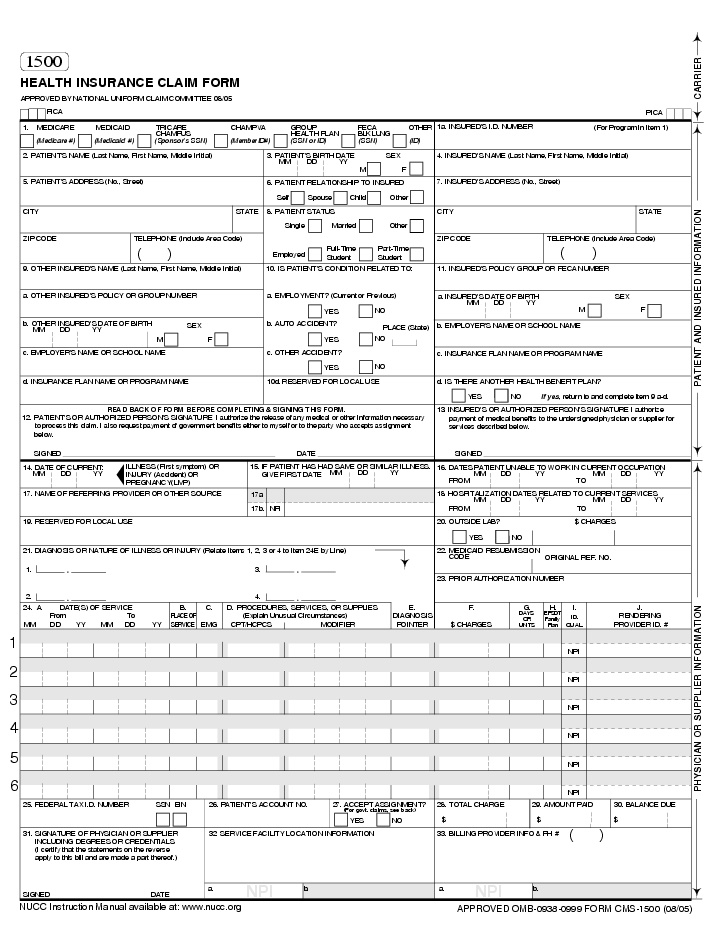 Printable Cms 1500 Form Printable Forms Free Online