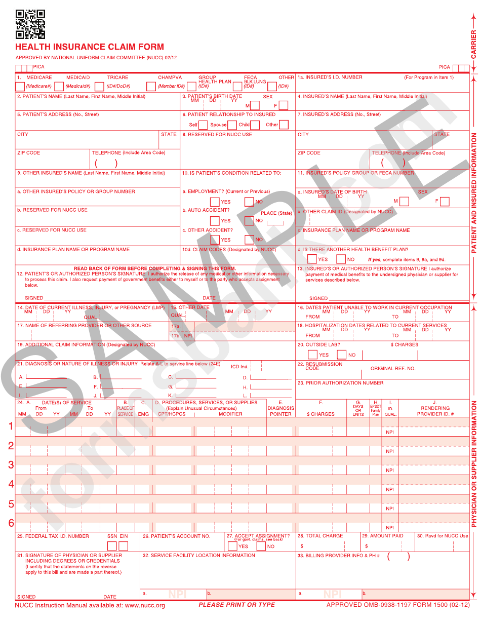 Printable Cms 1500 Form Sample Printable Forms Free Online