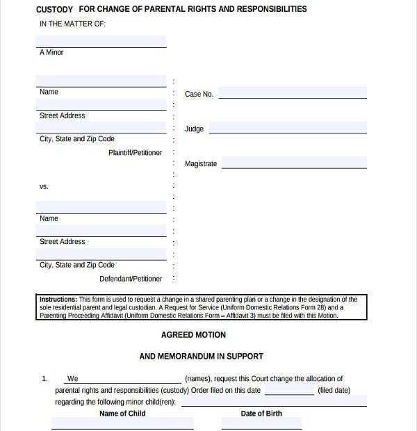 Printable Custody Agreement Forms Printable Forms Free Online