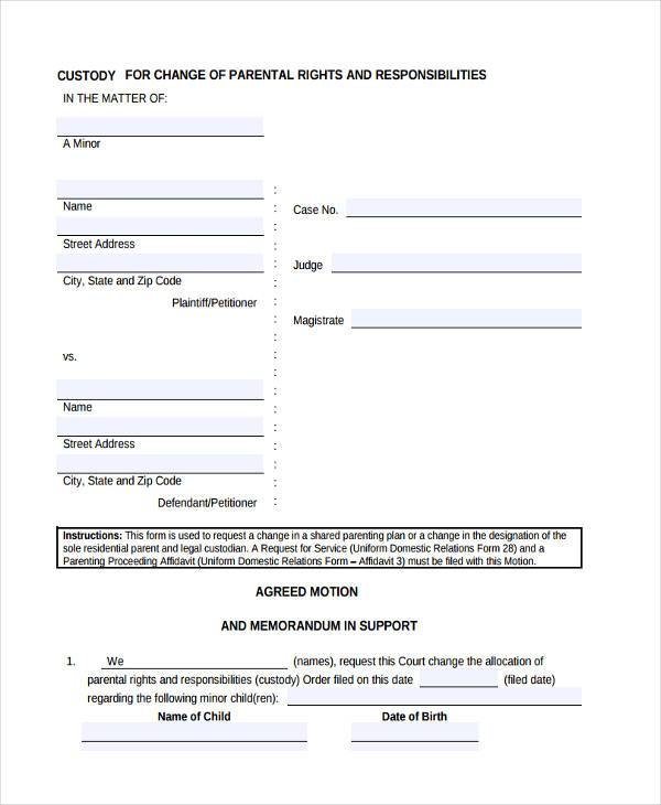Printable Custody Agreement Forms Printable Forms Free Online
