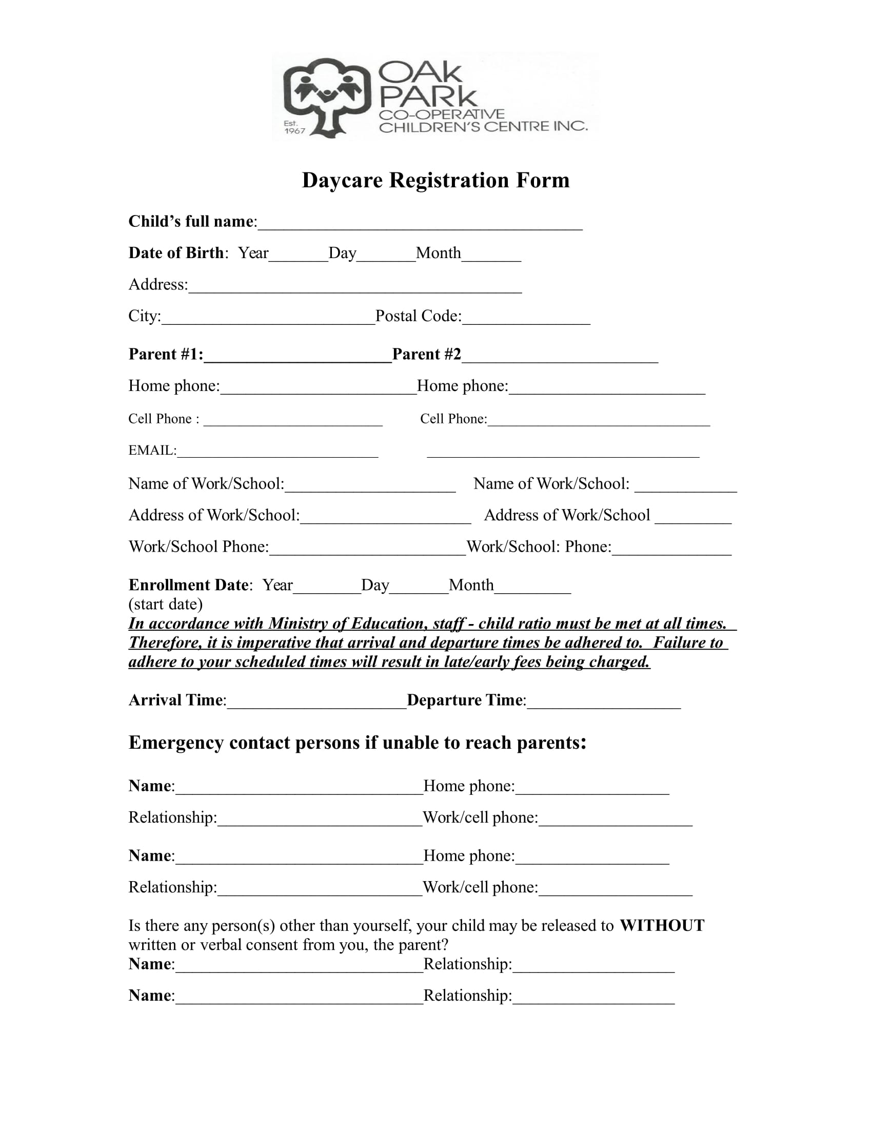 Printable Daycare Enrollment Form Pdf Printable Forms Free Online