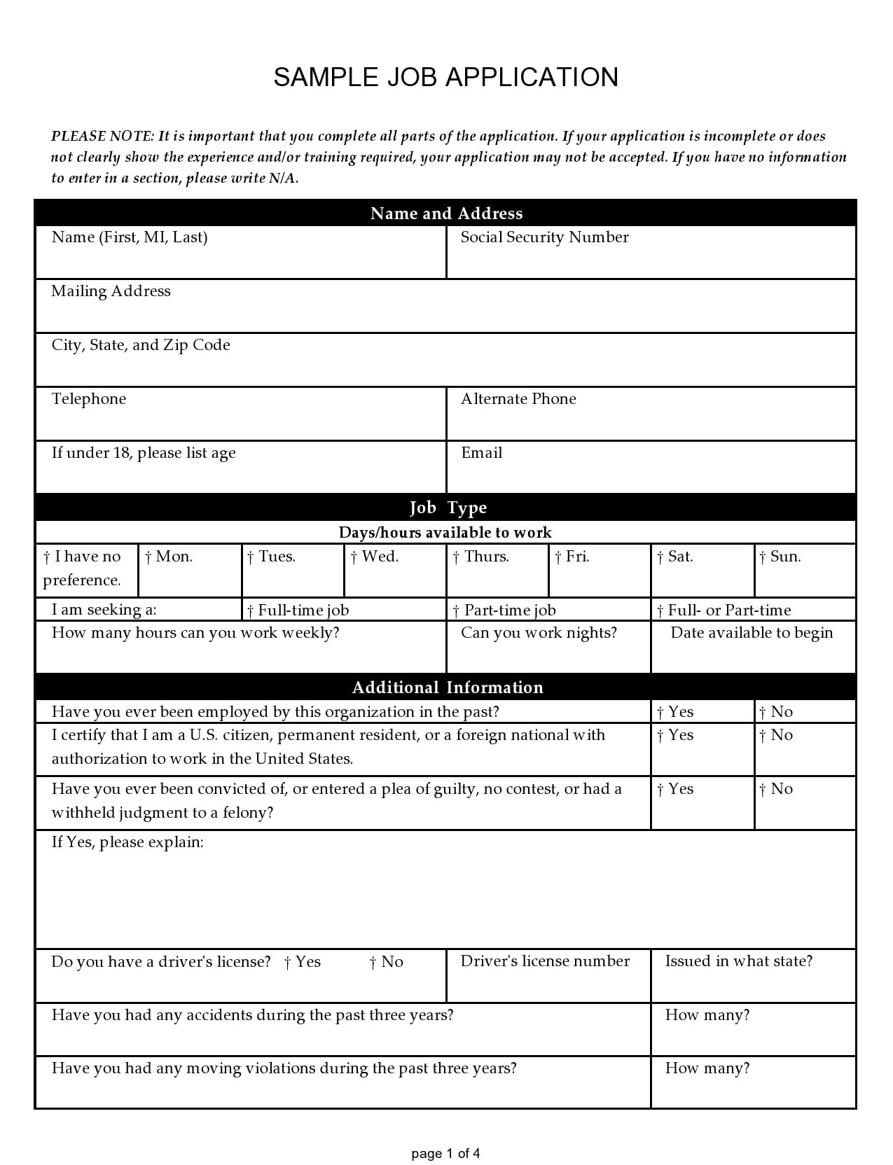 Printable Downloadable Employment Application Form Pdf Printable 
