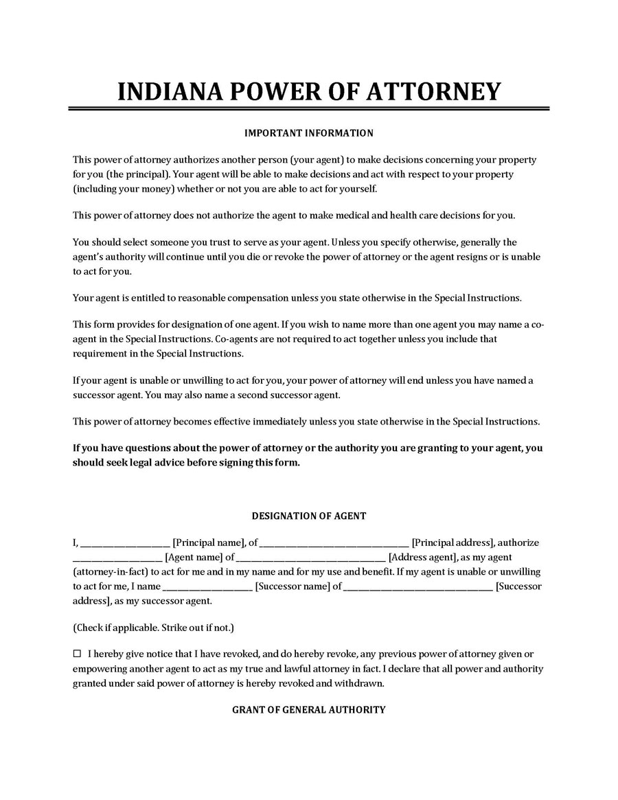 Printable Durable Power Of Attorney Form Indiana Printable Forms Free 