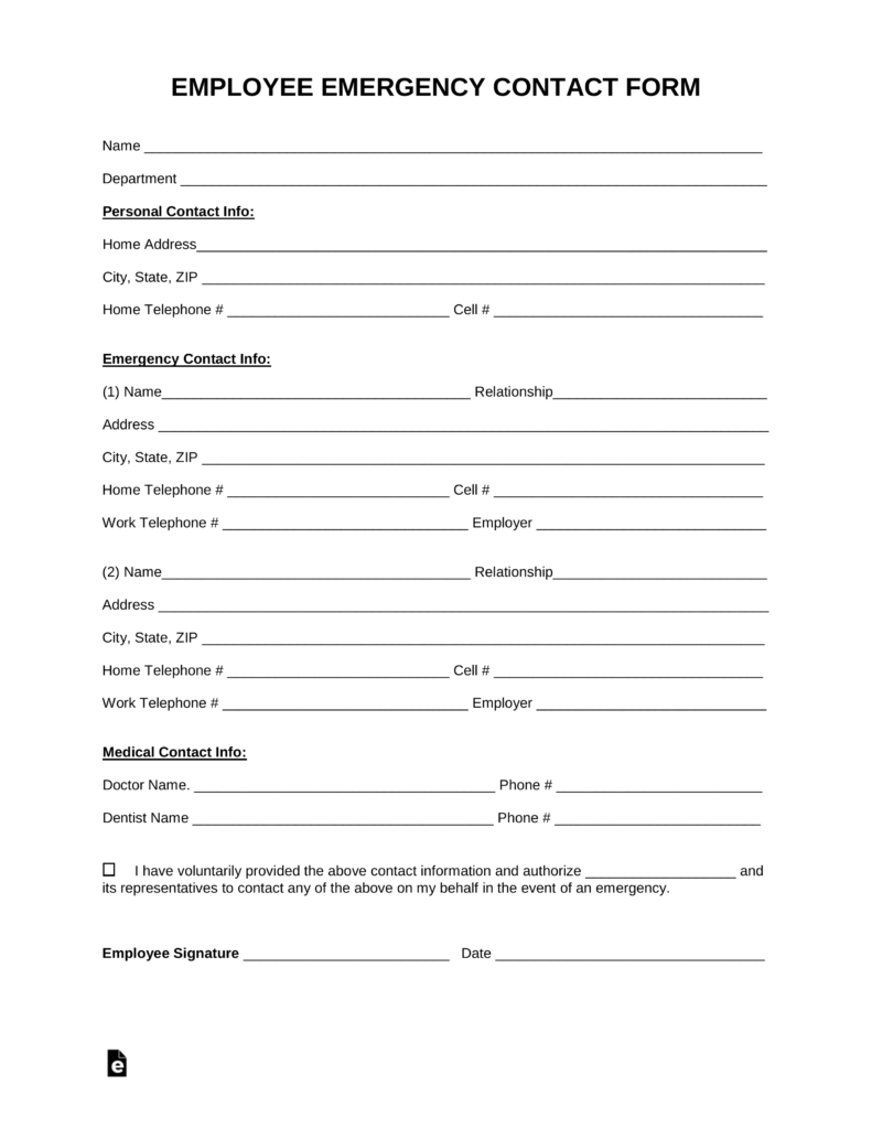 Printable Emergency Contact Form For Child Printable Forms Free Online