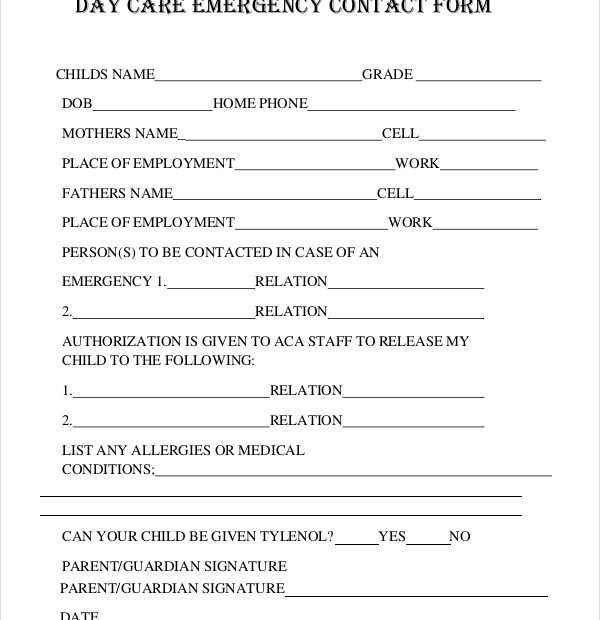 Printable Emergency Contact Form For Daycare Printable Form 2024