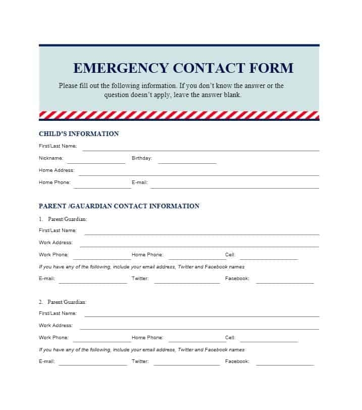 Printable Emergency Contact Form Template Printable Forms Free Online