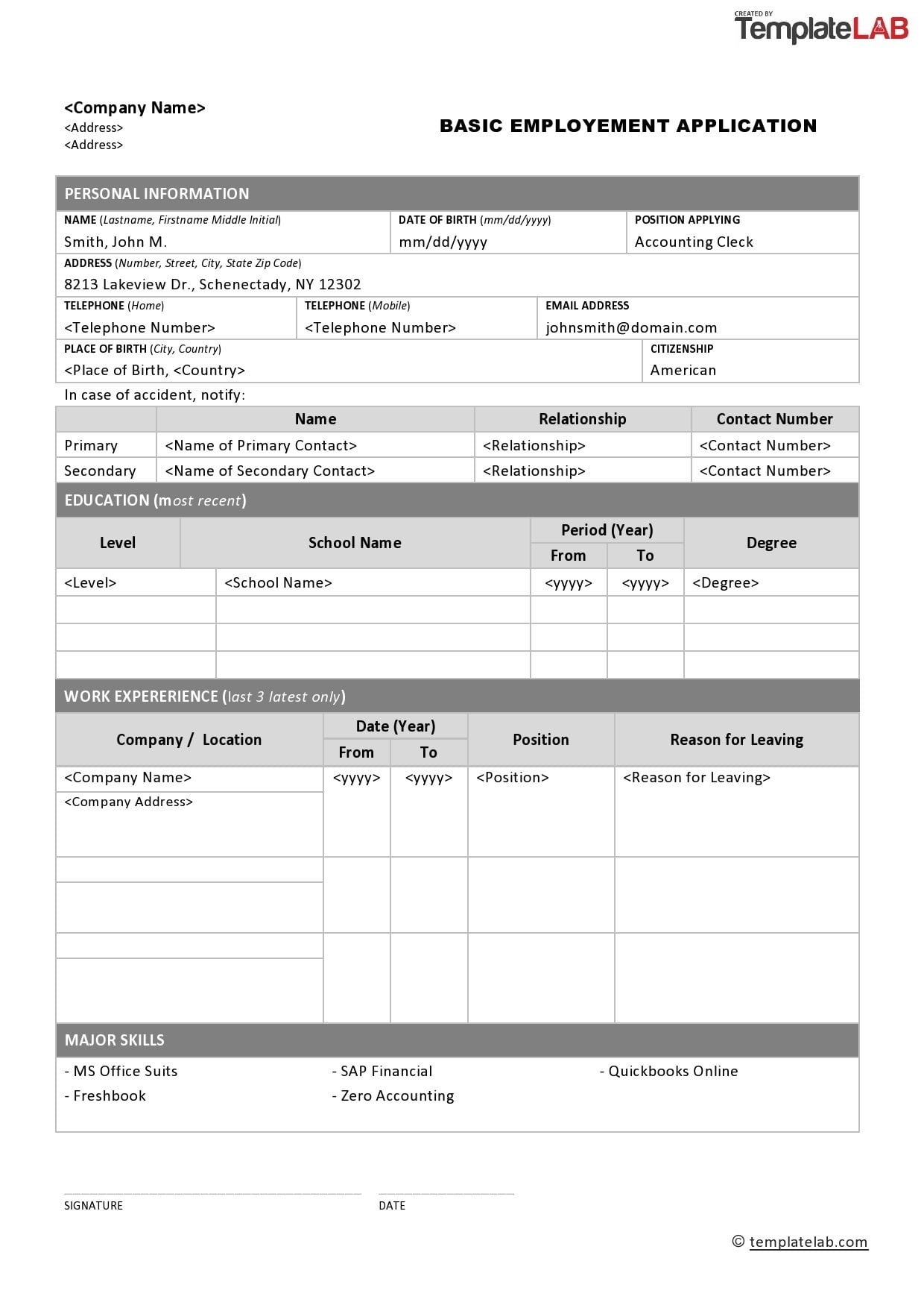 Printable Employment Application Form Printable Lab