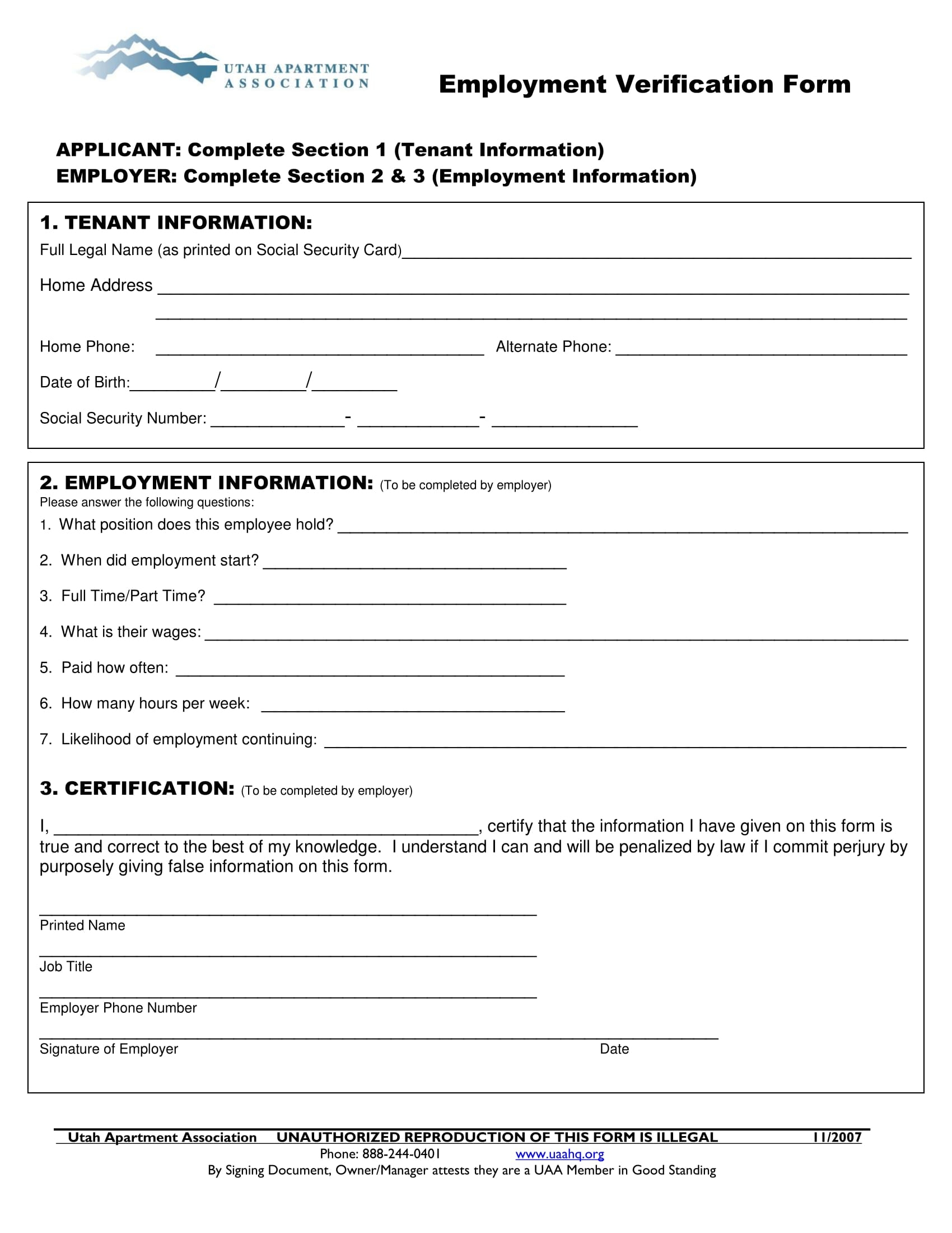 Printable Employment Verification Form Printable Forms Free Online