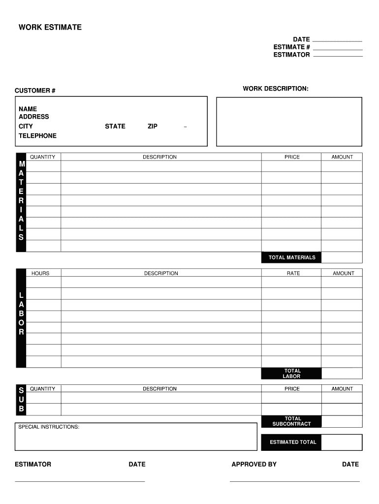 Printable Estimate Forms Printable Forms Free Online