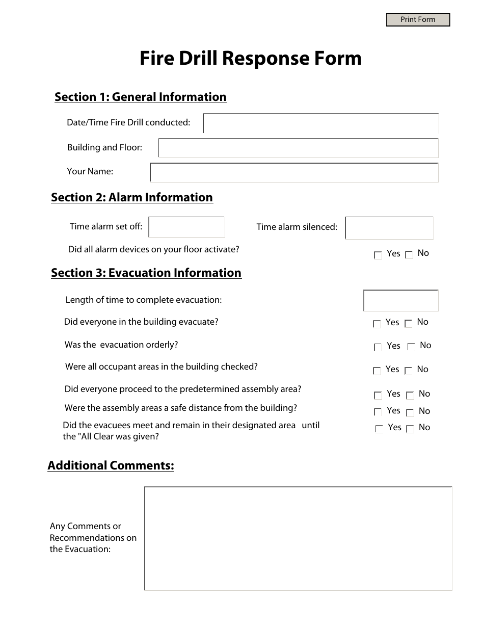 Printable Fire Drill Form Template