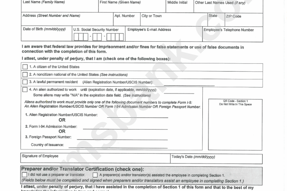 Printable Form I 9 Employment Eligibility Verification Printable
