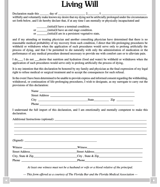 Printable Living Will Form Printable Forms Free Online