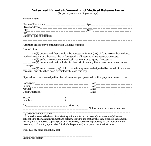 Printable Medical Consent Form For Minor While Parents Are Away 