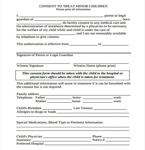 Printable Medical Consent Form For Minor While Parents Are Away