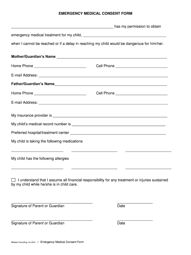 Printable Medical Consent Form For Minor While Parents Are Away Fill 