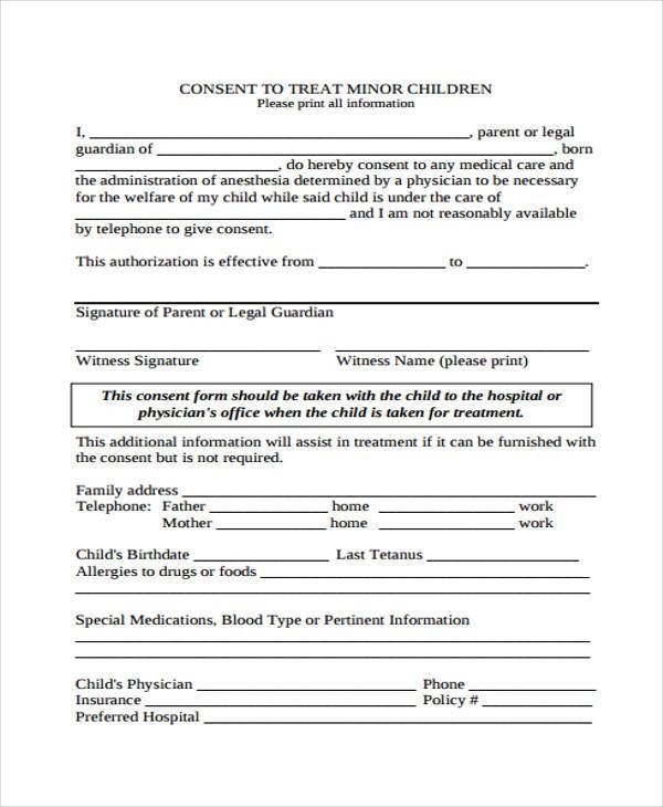 Printable Medical Consent Form For Minor While Parents Are Away 