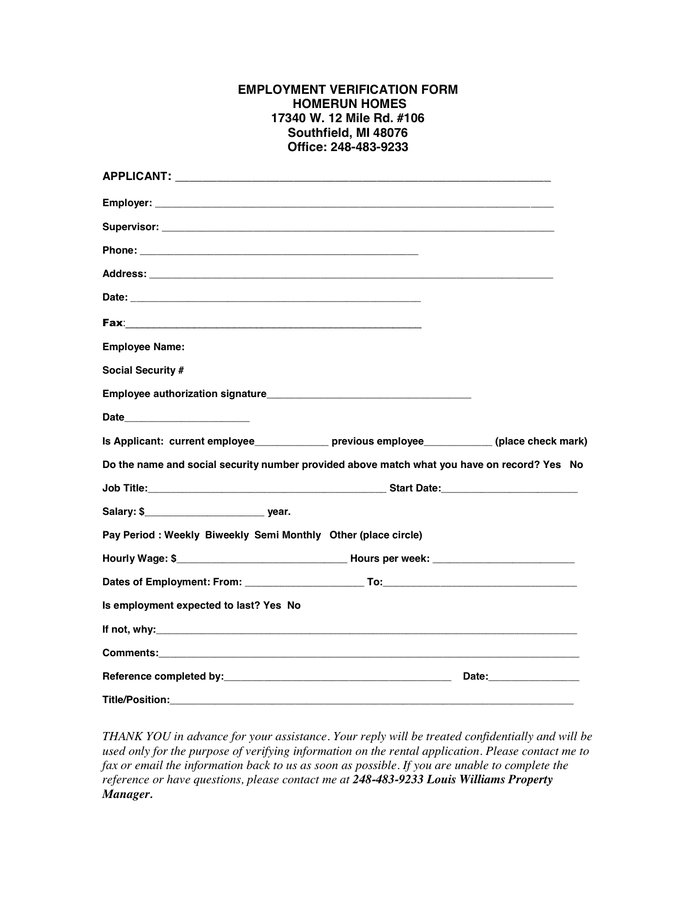 Printable Pdf Employment Verification Form Printable Forms Free Online