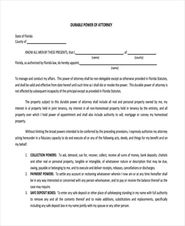 Printable Power Of Attorney Form Florida