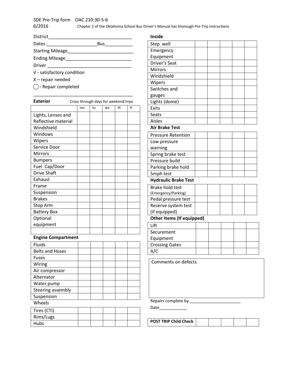Printable Pre Trip Inspection Form Pdf Printable Forms Free Online