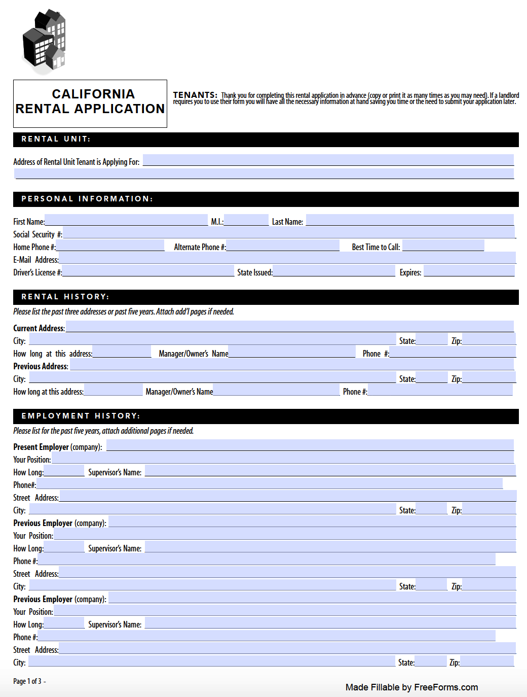 Printable Rental Application Form California Printable Forms Free Online