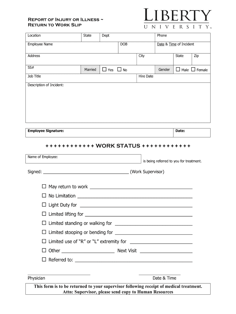 Printable Return To Work Form Printable Forms Free Online