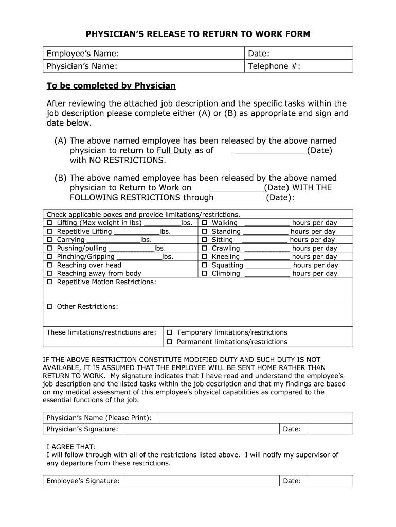 Printable Return To Work Form Printable Forms Free Online