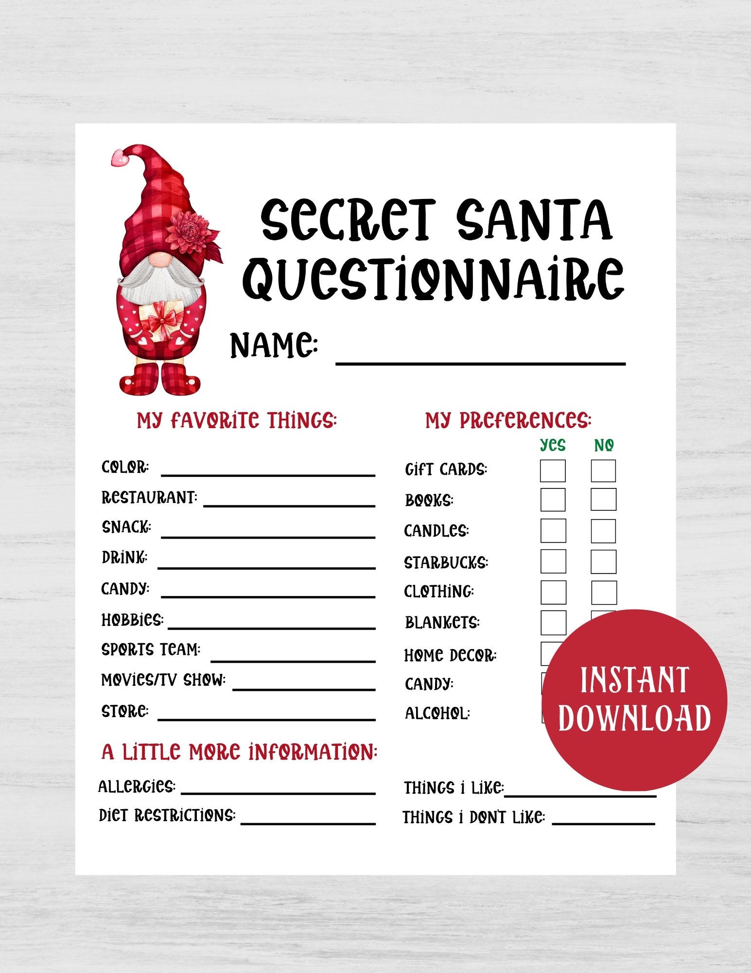 Printable Secret Santa Questionnaire For Christmas Gift Exchange 