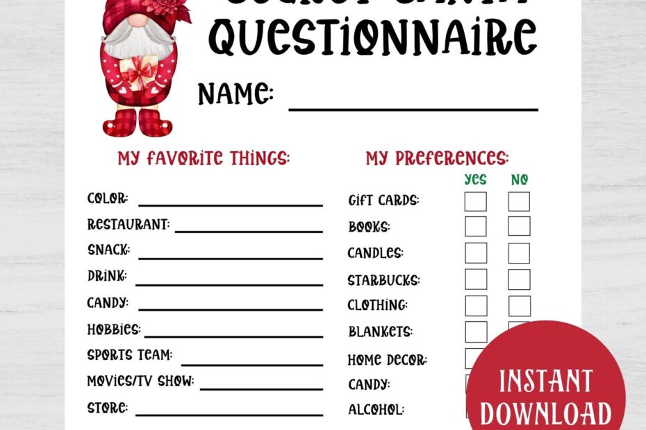 Printable Secret Santa Questionnaire For Christmas Gift Exchange