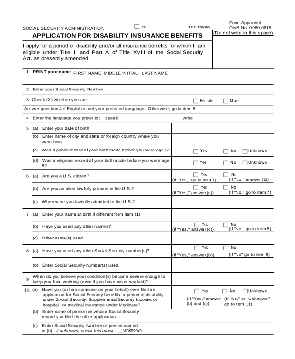 Printable Ssi Disability Application Form Printable Application