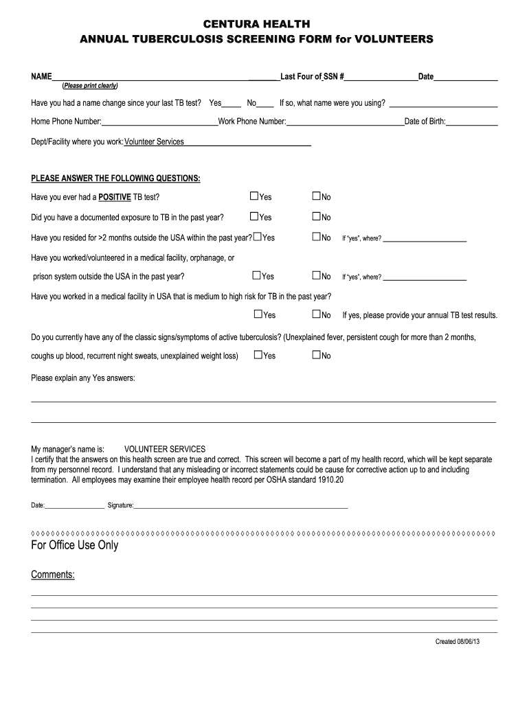 Printable Tb Screening Form