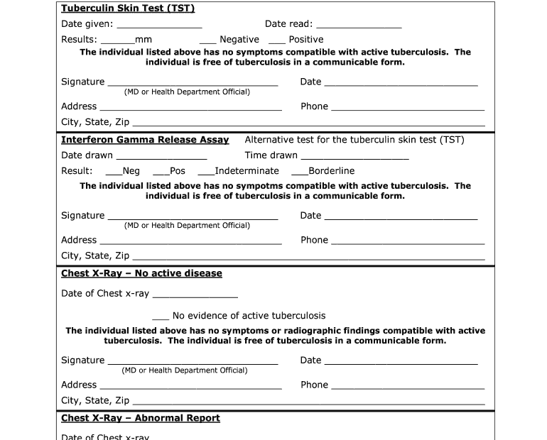 Printable Tb Screening Form