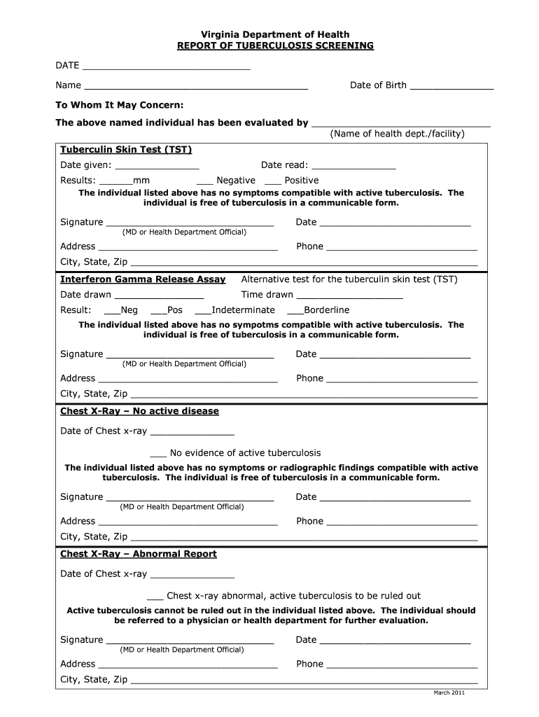 Printable Tb Screening Form