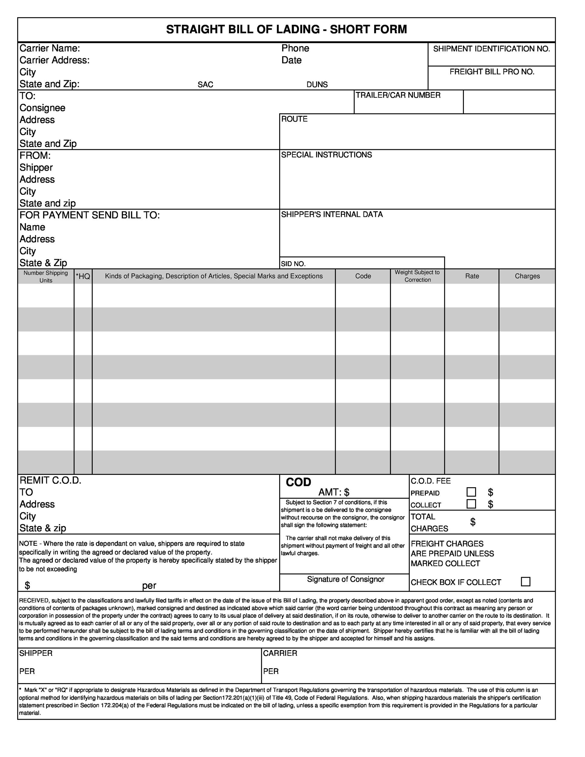 Printable Template Bill Of Lading Form Printable Forms Free Online