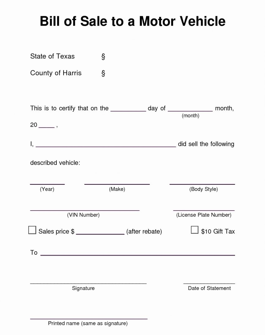 Printable Vehicle Bill Of Sale Template