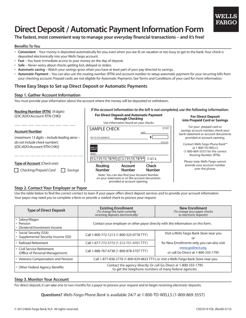 Printable Wells Fargo Direct Deposit Form Printable Form 2024