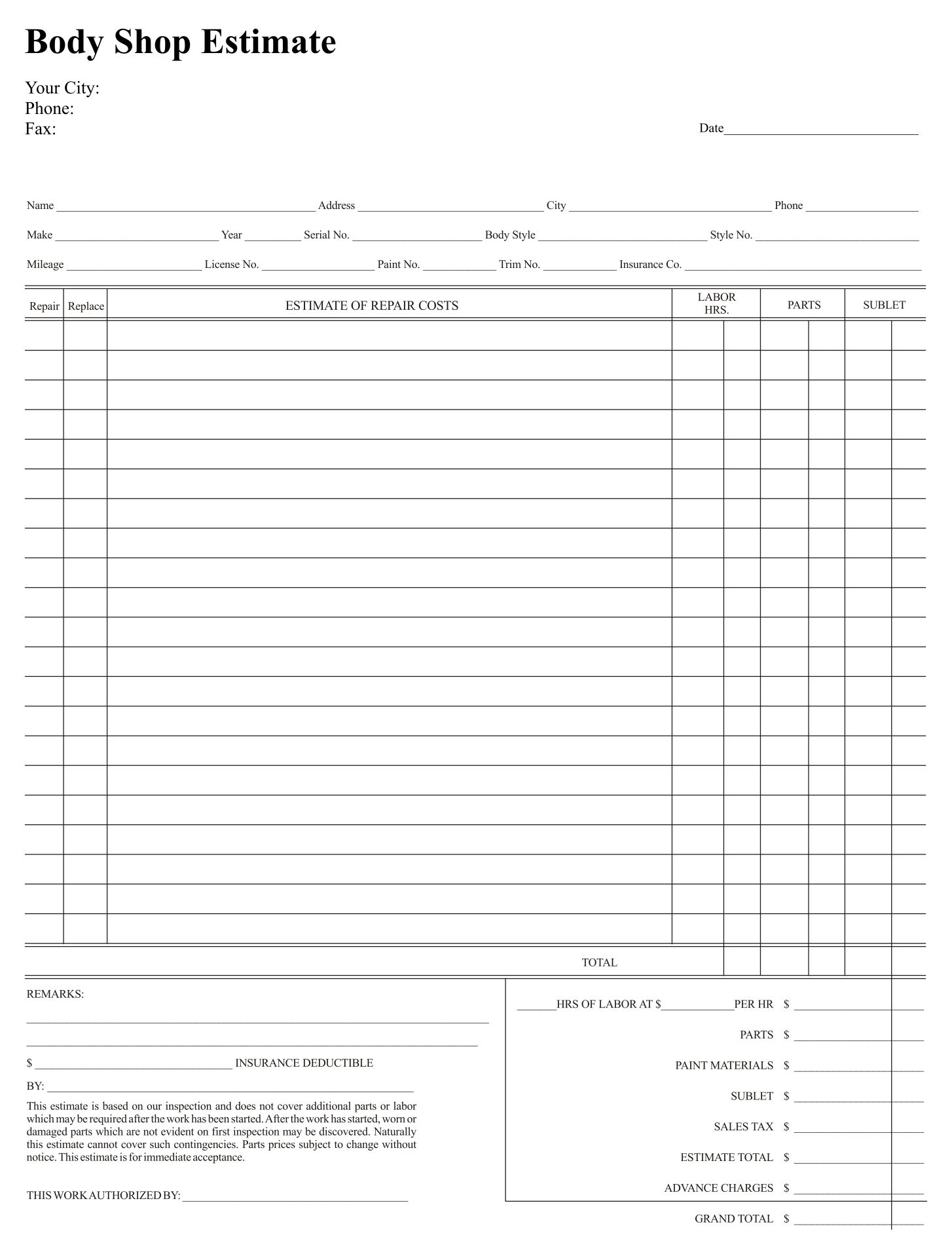 Printable Work Estimate Forms Printable Forms Free Online