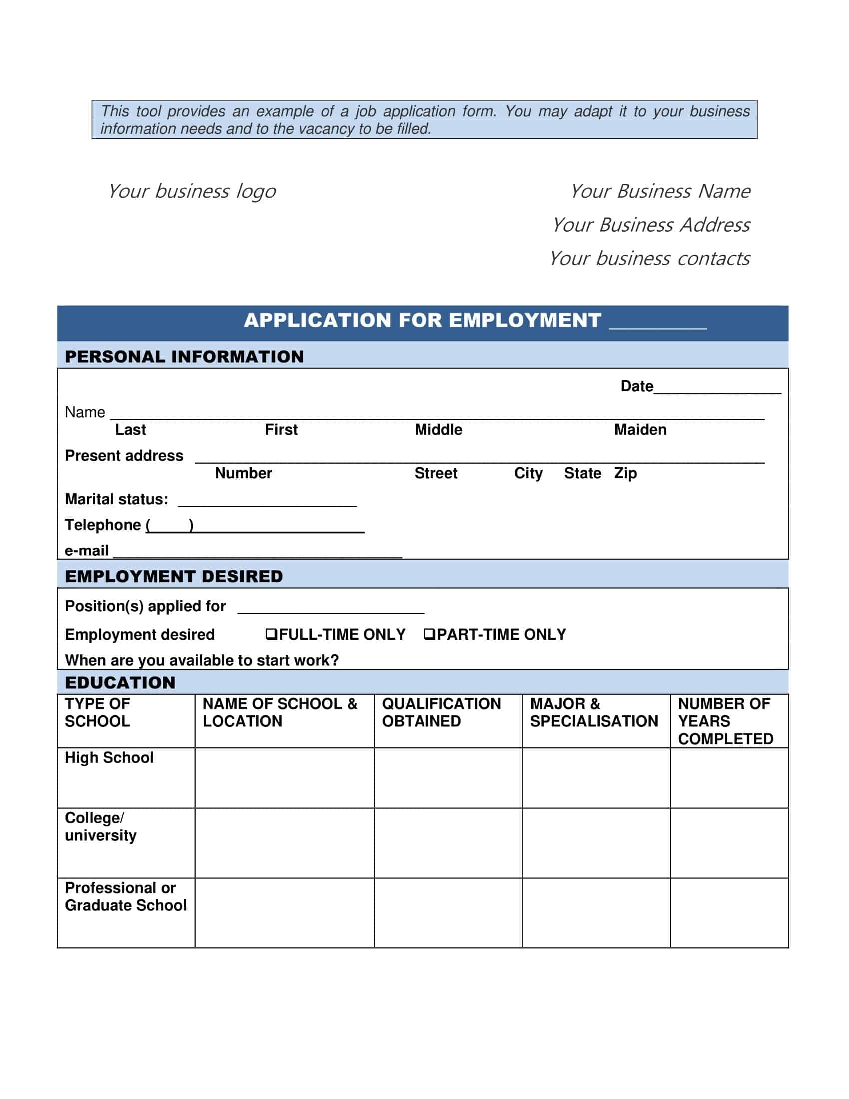 Sample Printable Job Application Forms Printable Forms Free Online
