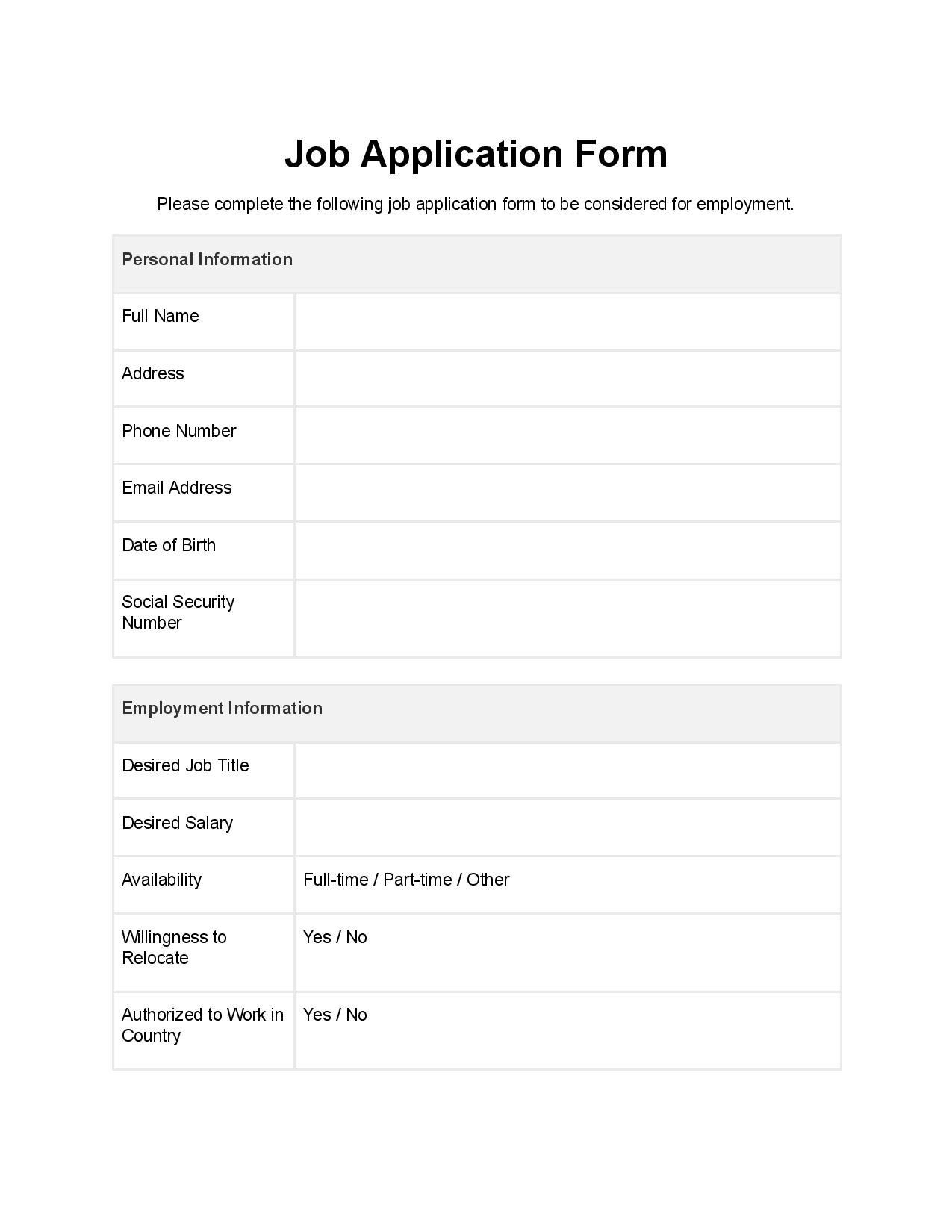 Sample Printable Job Application Forms Printable Forms Free Online