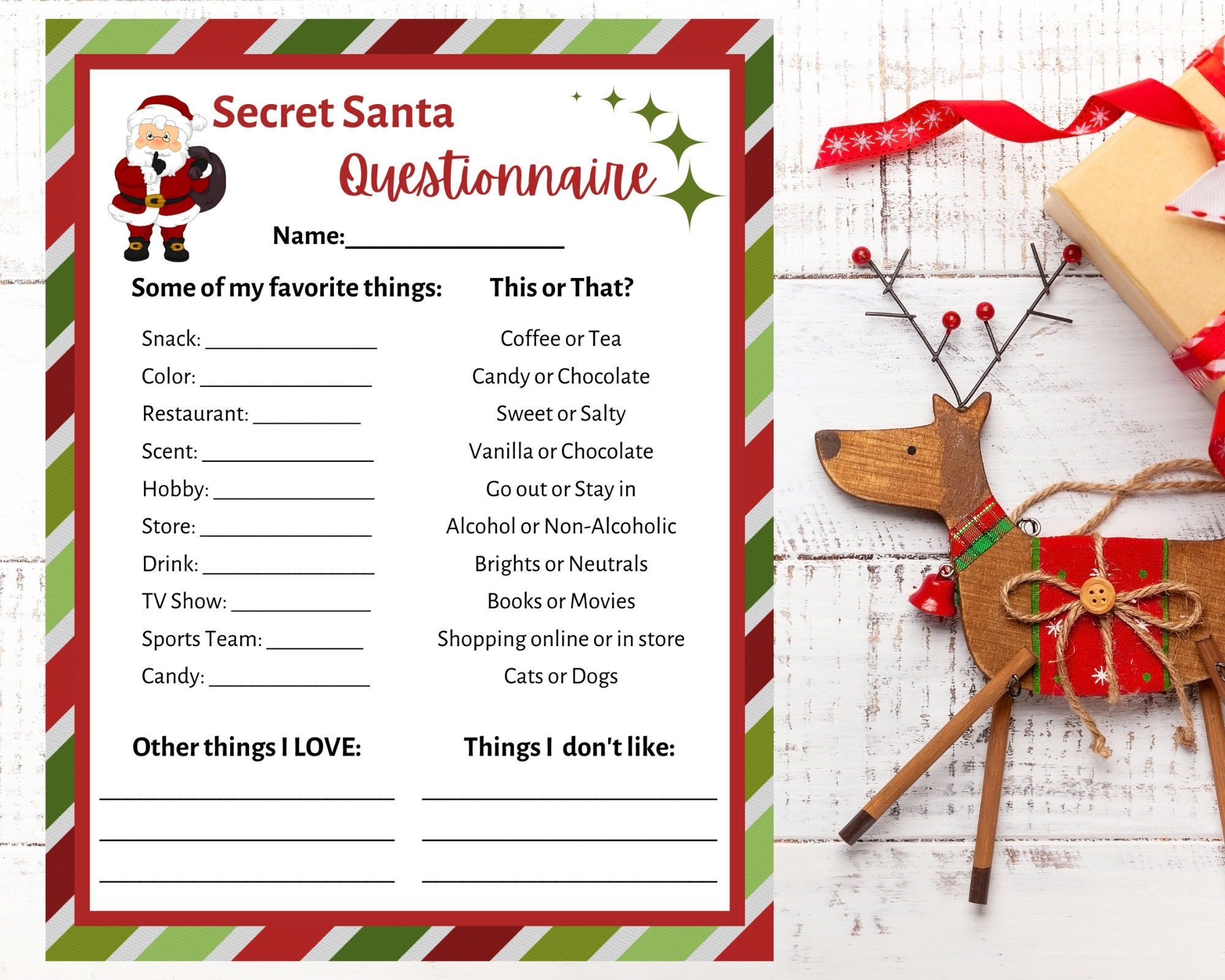 Secret Santa Questionnaire Printable Secret Santa Form Secret Santa 