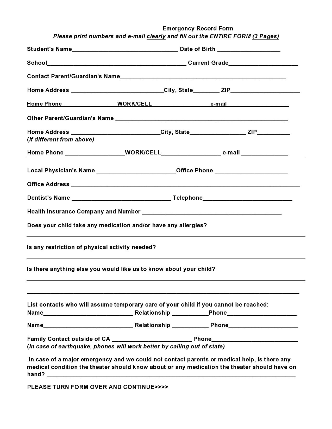 Simple Emergency Contact Printable Form