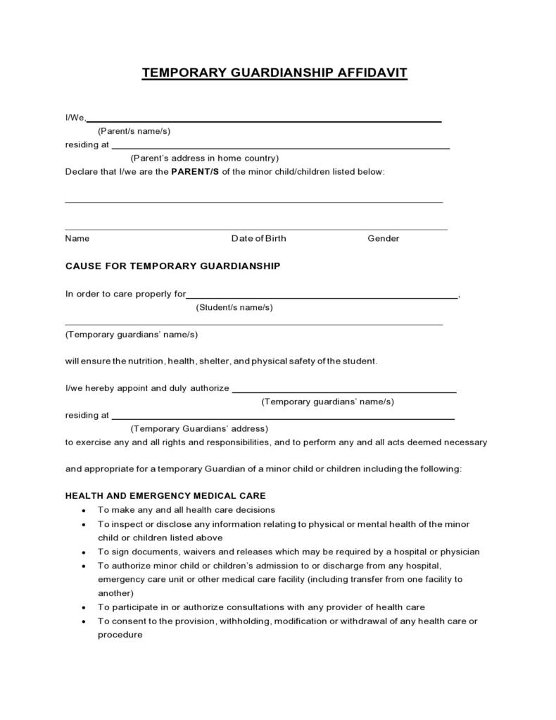 Temporary Custody Pdf Printable Temporary Guardianship Form Printable 