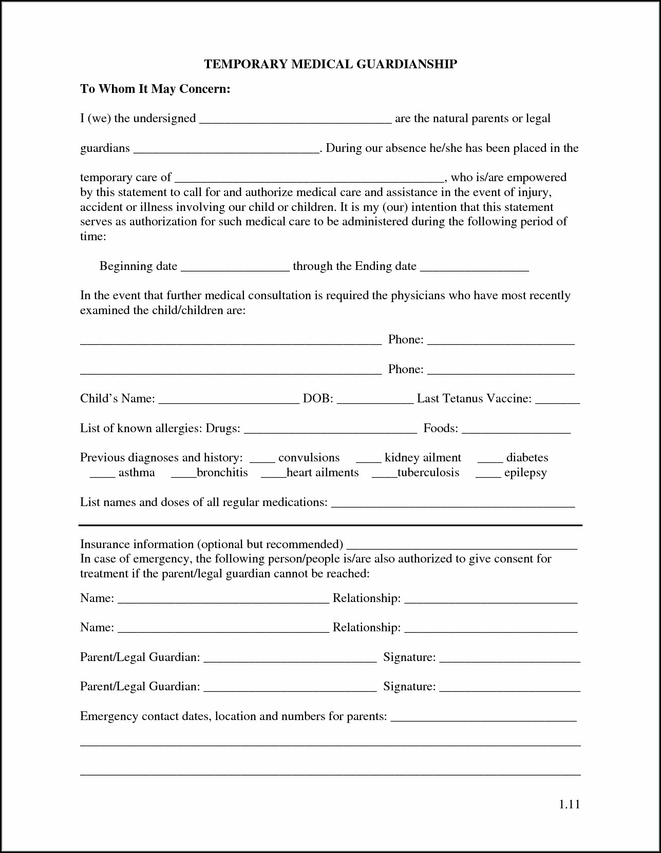 Temporary Guardianship Form Printable Printable Forms Free Online