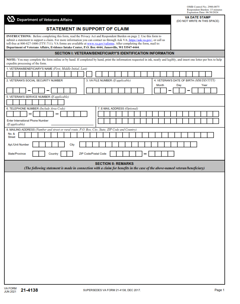 VA Form 21 4138 Printable Fillable In PDF Origin Form Studio