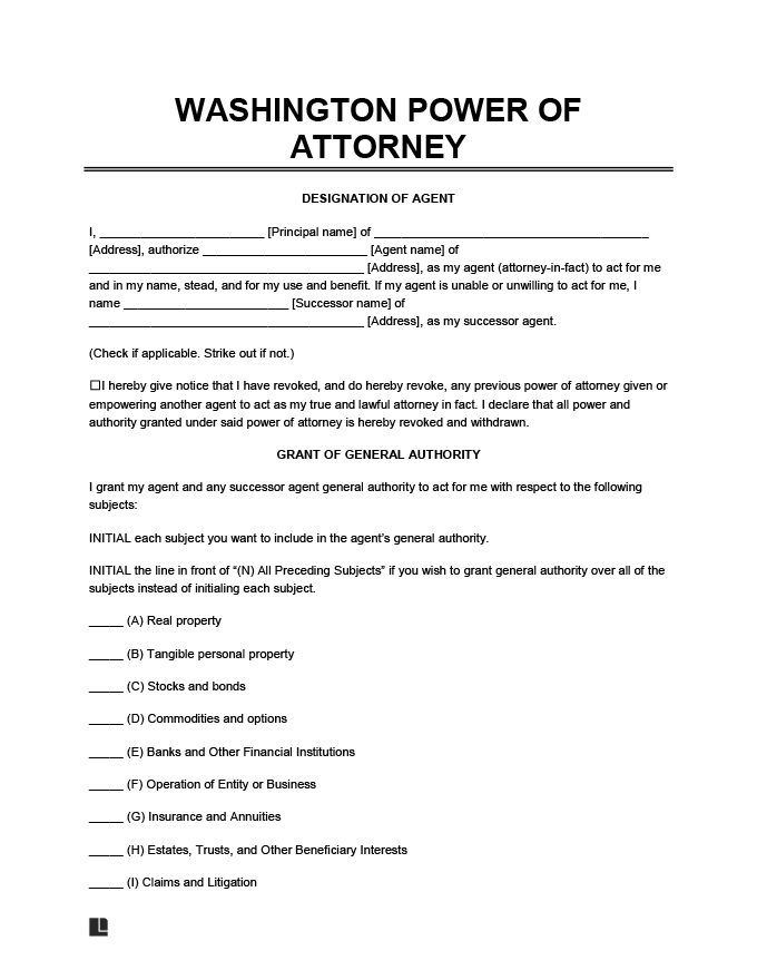 Washington State Poa Printable Form Printable Forms Free Online
