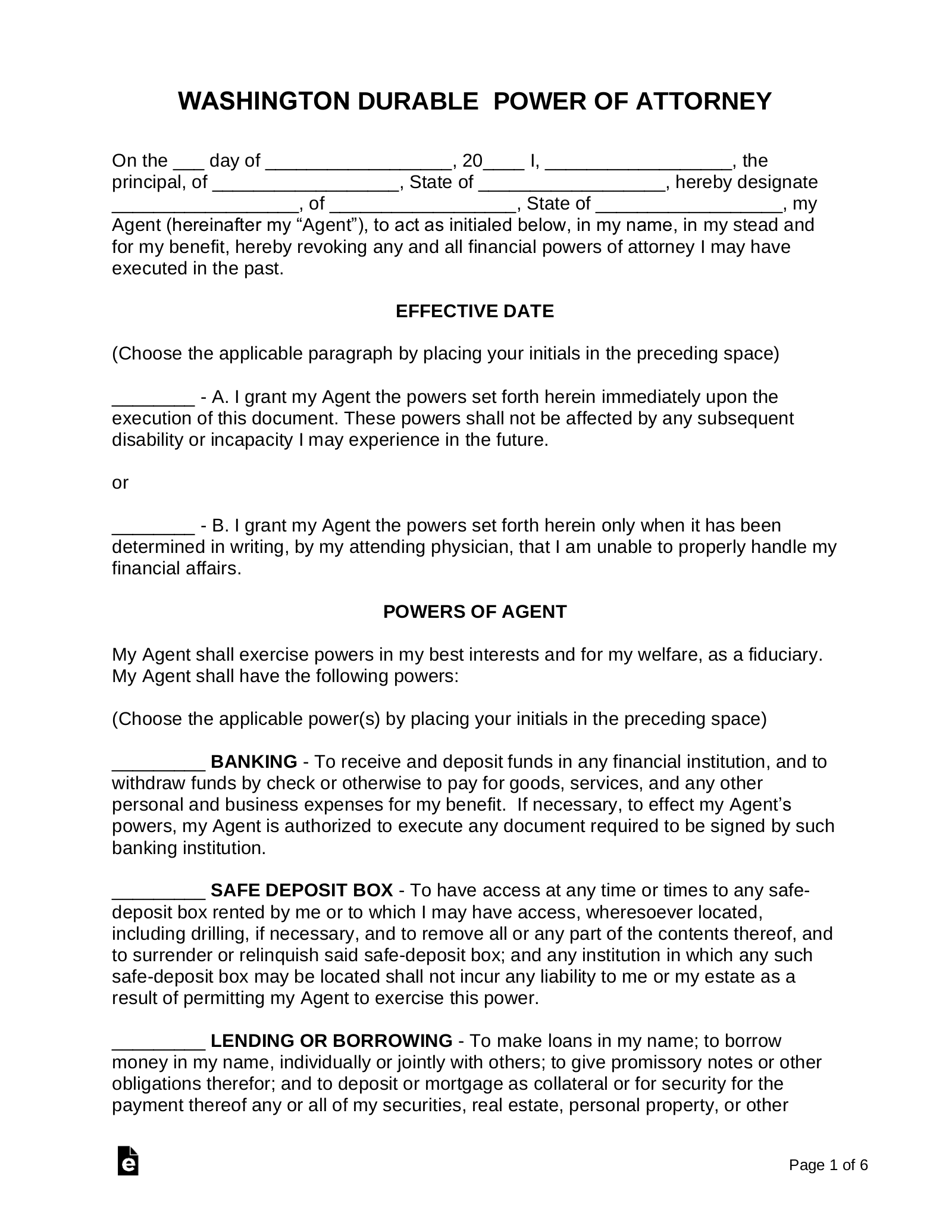 Washington State Poa Printable Form Printable Forms Free Online